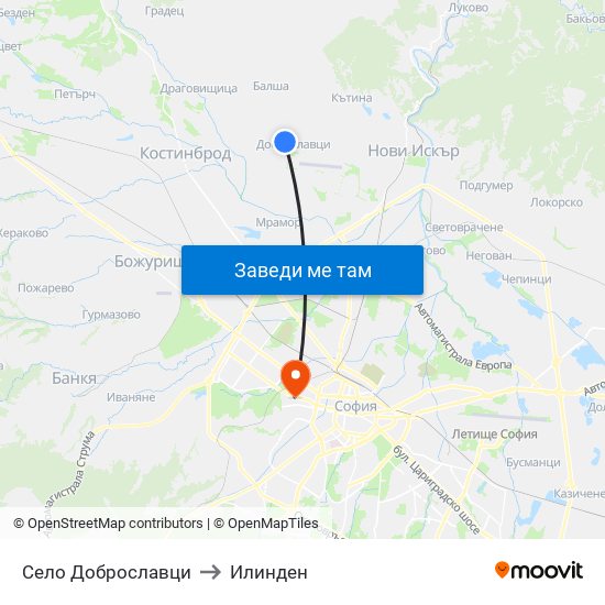 Село Доброславци to Илинден map