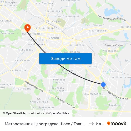 Метростанция Цариградско Шосе / Tsarigradsko Shosse Metro Station (1016) to Илинден map