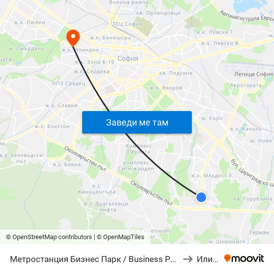Метростанция Бизнес Парк / Business Park Metro Station (2490) to Илинден map