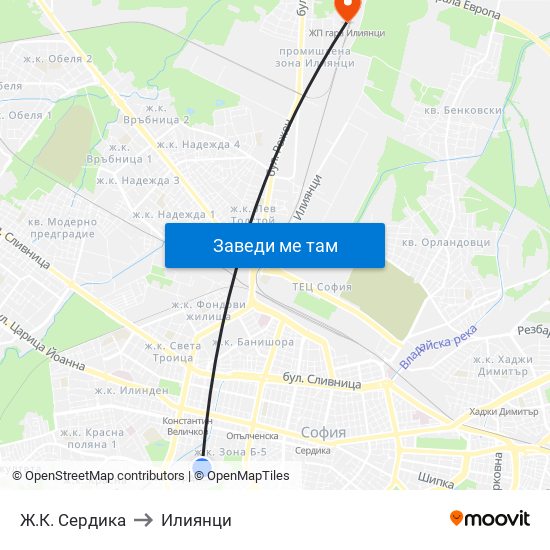 Ж.К. Сердика to Илиянци map