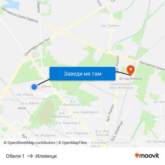 Обеля 1 to Илиянци map
