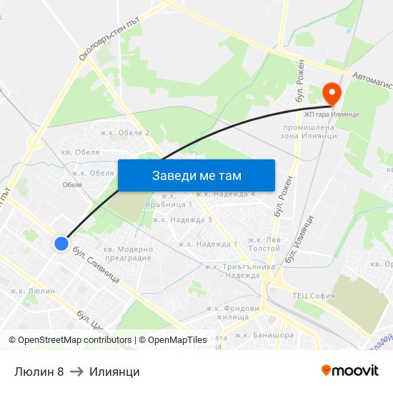 Люлин 8 to Илиянци map