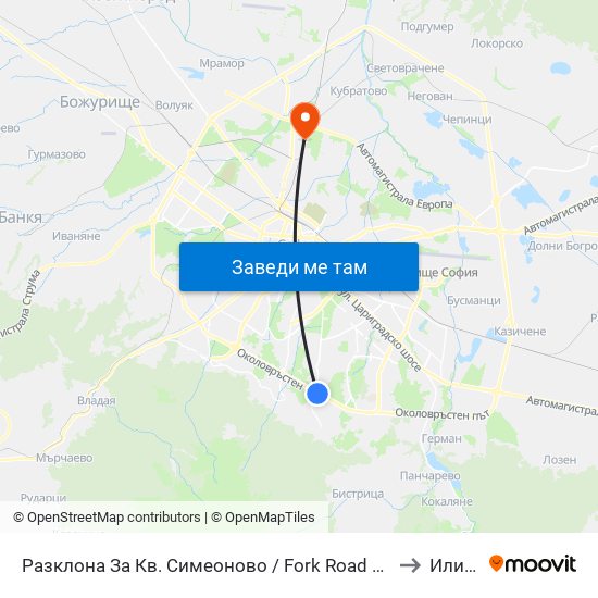 Разклона За Кв. Симеоново / Fork Road To Simeonovo Qr. (1459) to Илиянци map