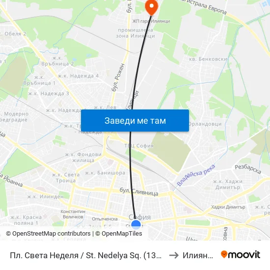 Пл. Света Неделя / St. Nedelya Sq. (1308) to Илиянци map