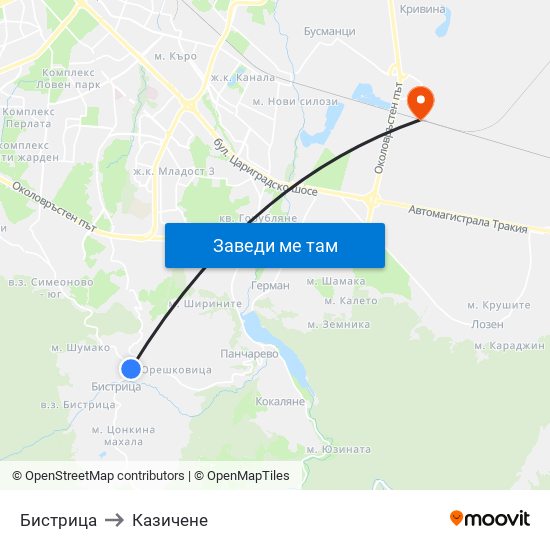 Бистрица to Казичене map