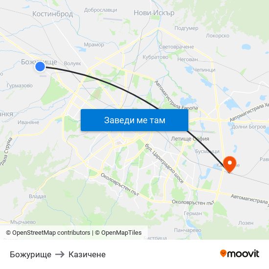 Божурище to Казичене map