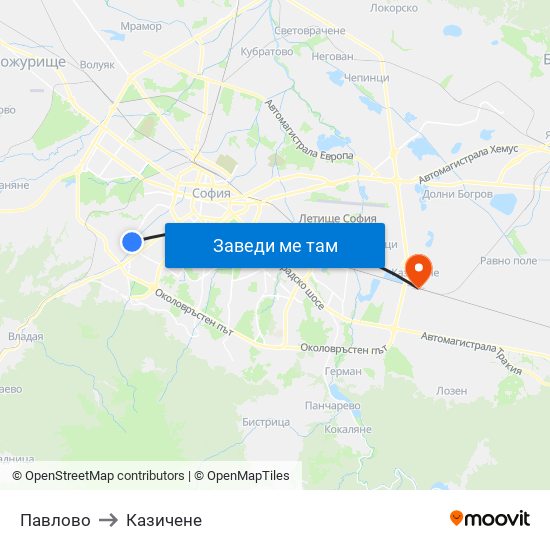 Павлово to Казичене map