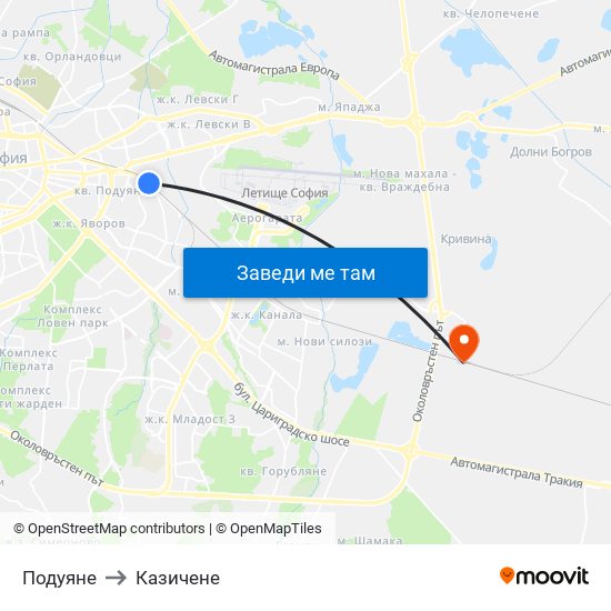 Подуяне to Казичене map