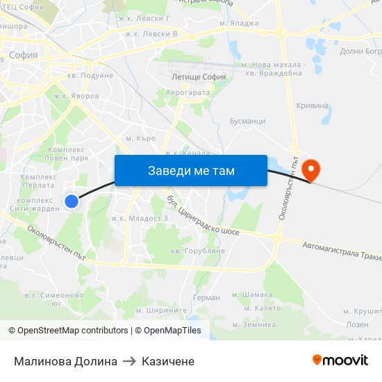 Малинова Долина to Казичене map