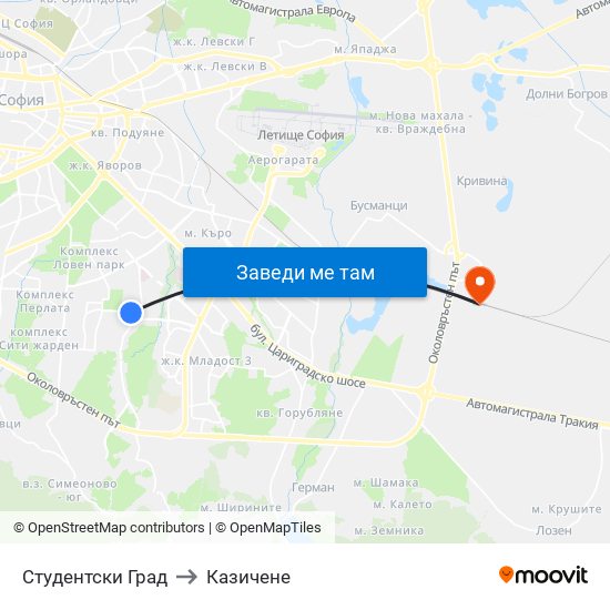 Студентски Град to Казичене map