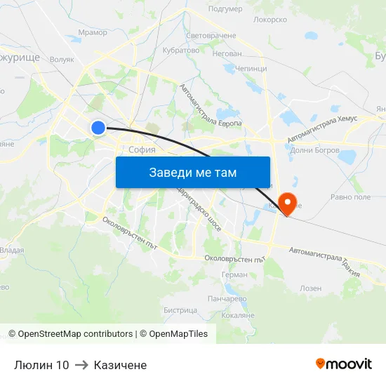 Люлин 10 to Казичене map