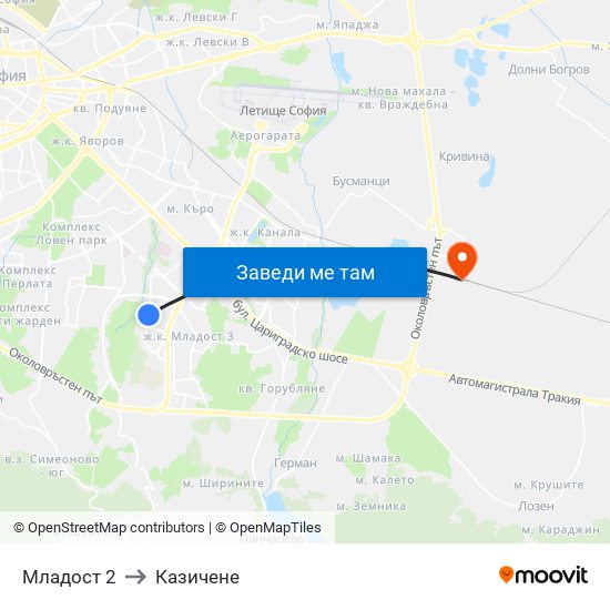 Младост 2 to Казичене map