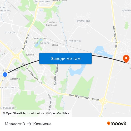 Младост 3 to Казичене map