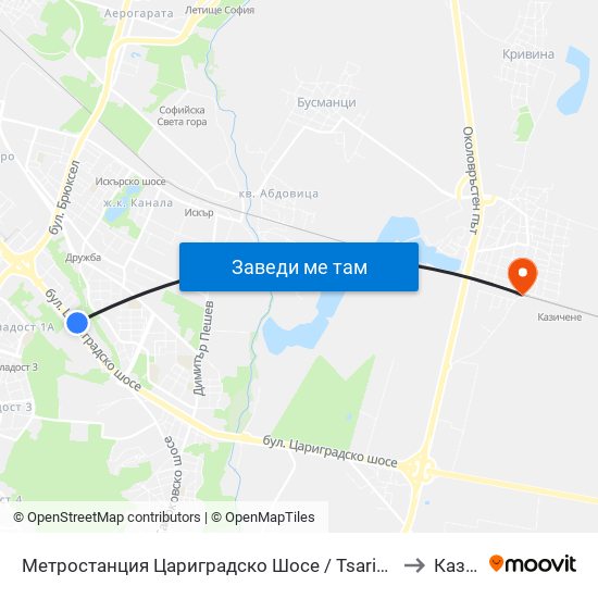 Метростанция Цариградско Шосе / Tsarigradsko Shosse Metro Station (1016) to Казичене map