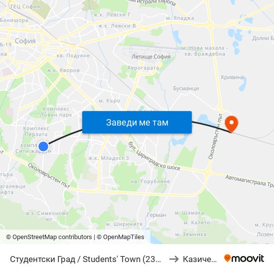 Студентски Град / Students' Town (2382) to Казичене map