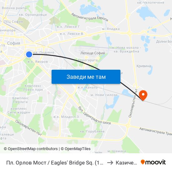 Пл. Орлов Мост / Eagles' Bridge Sq. (1290) to Казичене map