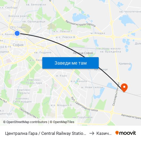 Централна Гара / Central Railway Station (1327) to Казичене map