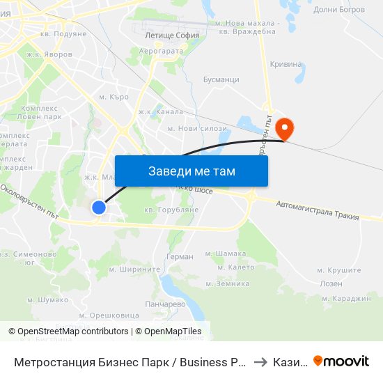 Метростанция Бизнес Парк / Business Park Metro Station (2490) to Казичене map