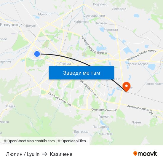 Люлин / Lyulin to Казичене map