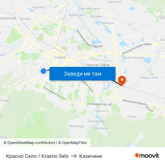 Красно Село / Krasno Selo to Казичене map