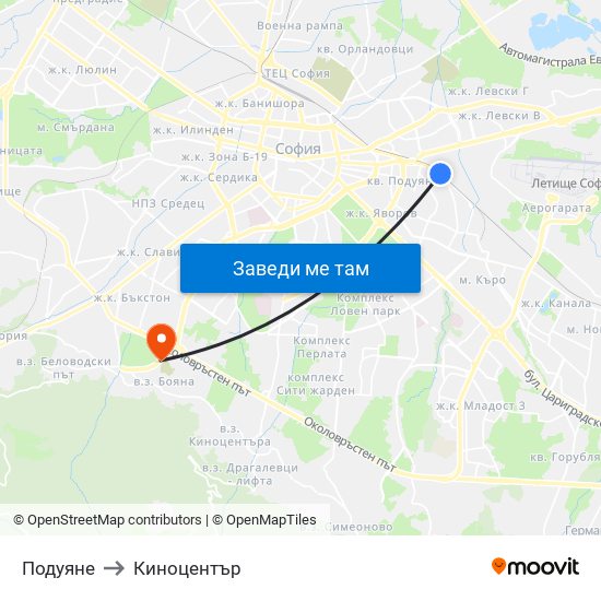 Подуяне to Киноцентър map