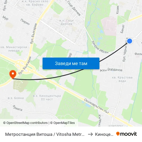 Ⓜ️ Метростанция Витоша / Vitosha Metro Station (0909) to Киноцентър map