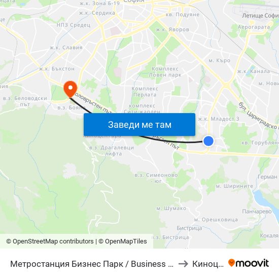 Метростанция Бизнес Парк / Business Park Metro Station (2490) to Киноцентър map