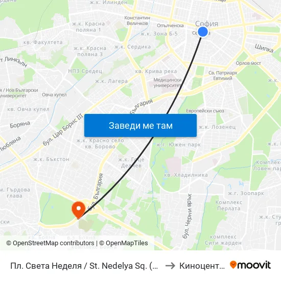 Пл. Света Неделя / St. Nedelya Sq. (1308) to Киноцентър map