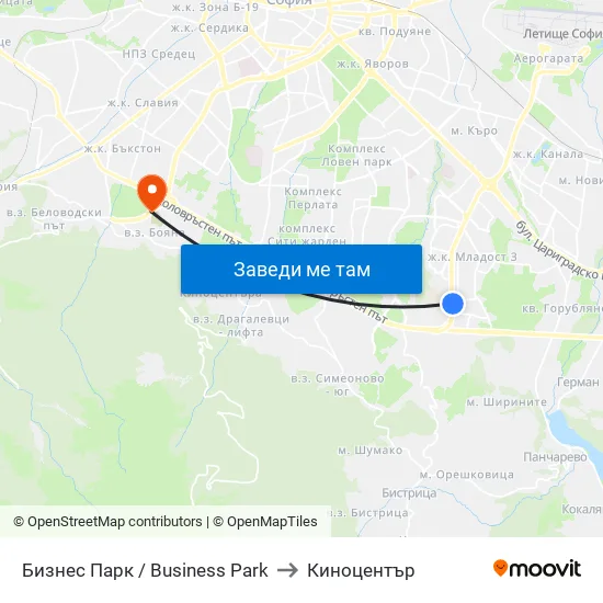 Бизнес Парк / Business Park to Киноцентър map