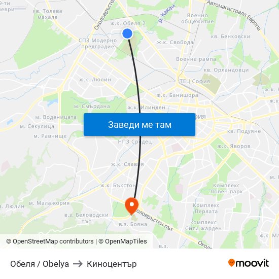 Обеля / Obelya to Киноцентър map