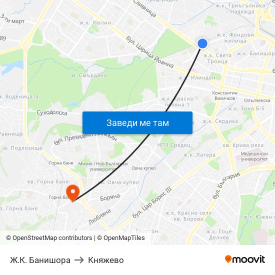 Ж.К. Банишора to Княжево map