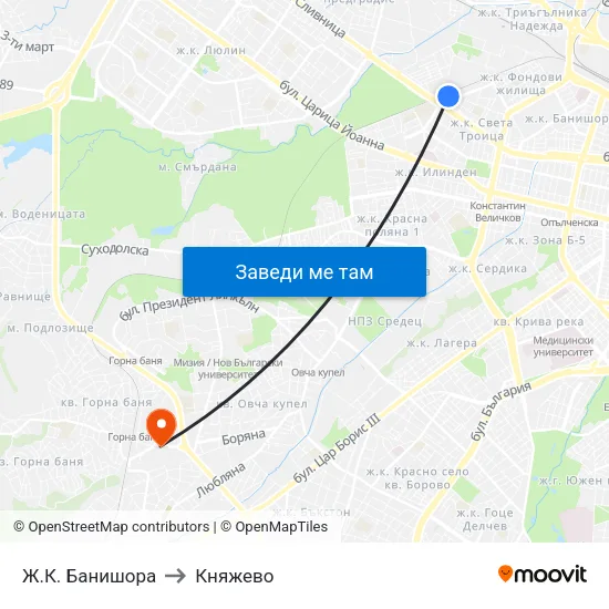 Ж.К. Банишора to Княжево map