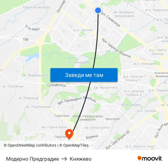 Модерно Предградие to Княжево map