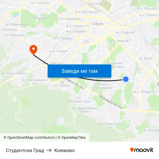 Студентски Град to Княжево map