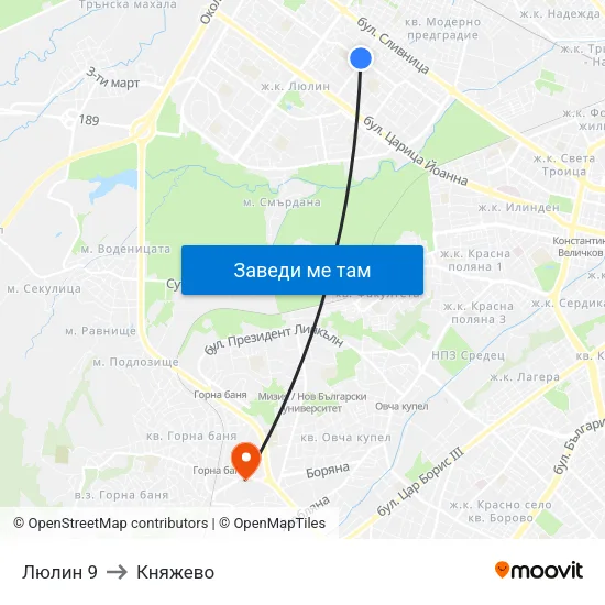 Люлин 9 to Княжево map