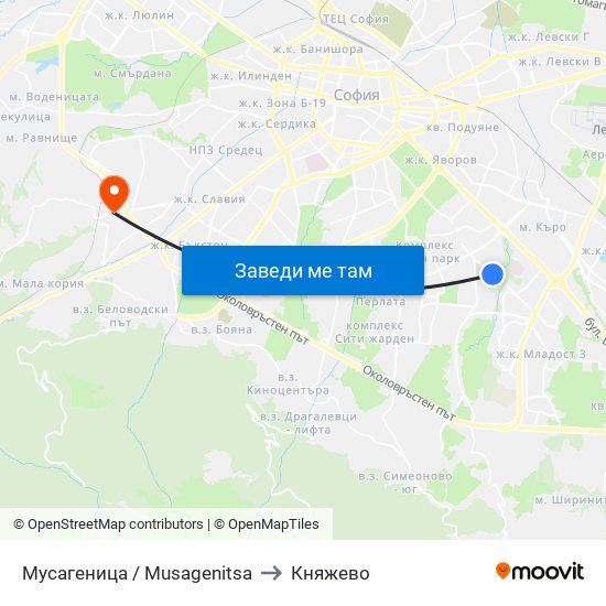Мусагеница /  Musagenitsa to Княжево map