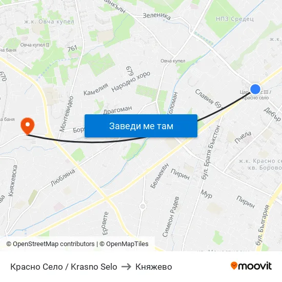 Красно Село / Krasno Selo to Княжево map