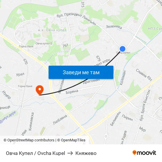 Овча Купел / Ovcha Kupel to Княжево map
