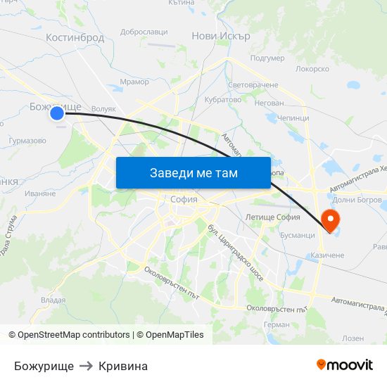 Божурище to Кривина map