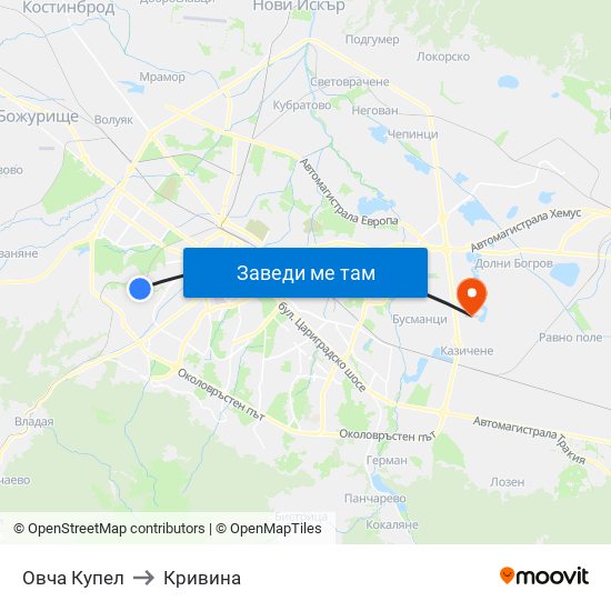 Овча Купел to Кривина map
