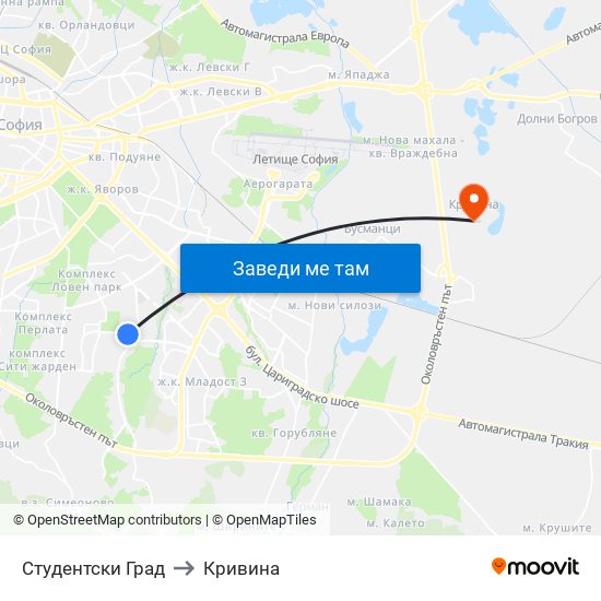 Студентски Град to Кривина map