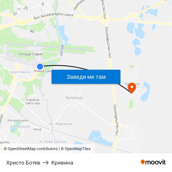 Христо Ботев to Кривина map