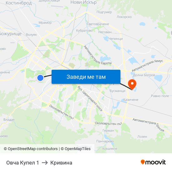 Овча Купел 1 to Кривина map
