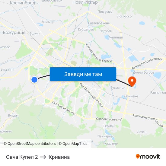 Овча Купел 2 to Кривина map