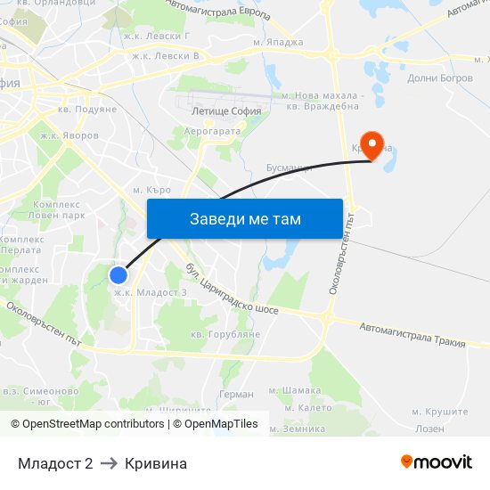 Младост 2 to Кривина map