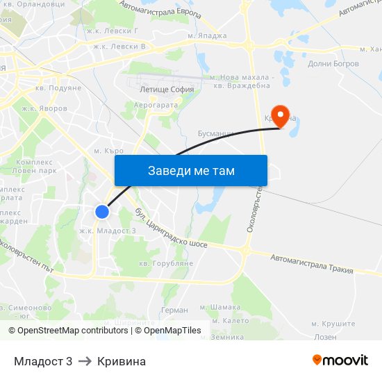 Младост 3 to Кривина map