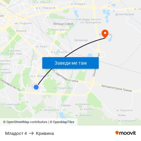Младост 4 to Кривина map