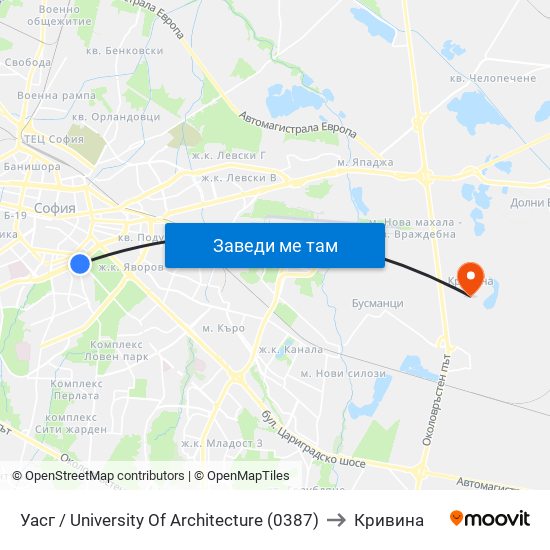 Уасг / University Of Architecture (0387) to Кривина map