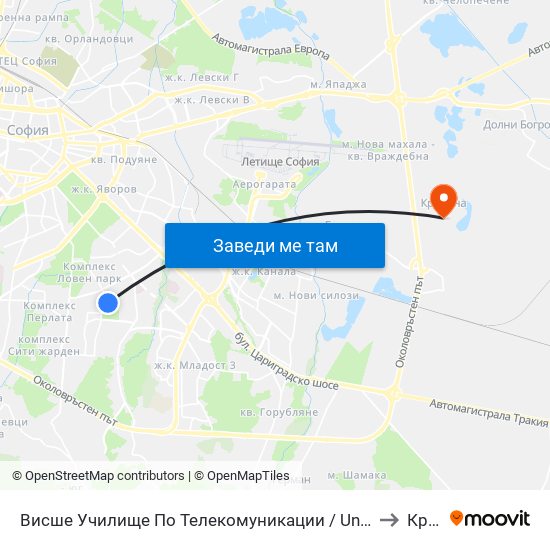 Висше Училище По Телекомуникации / University Of Telecommunications And Post (1397) to Кривина map