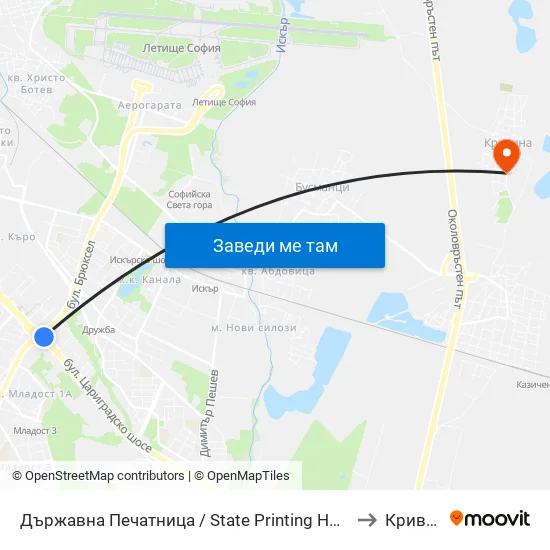 Държавна Печатница / State Printing House (0555) to Кривина map